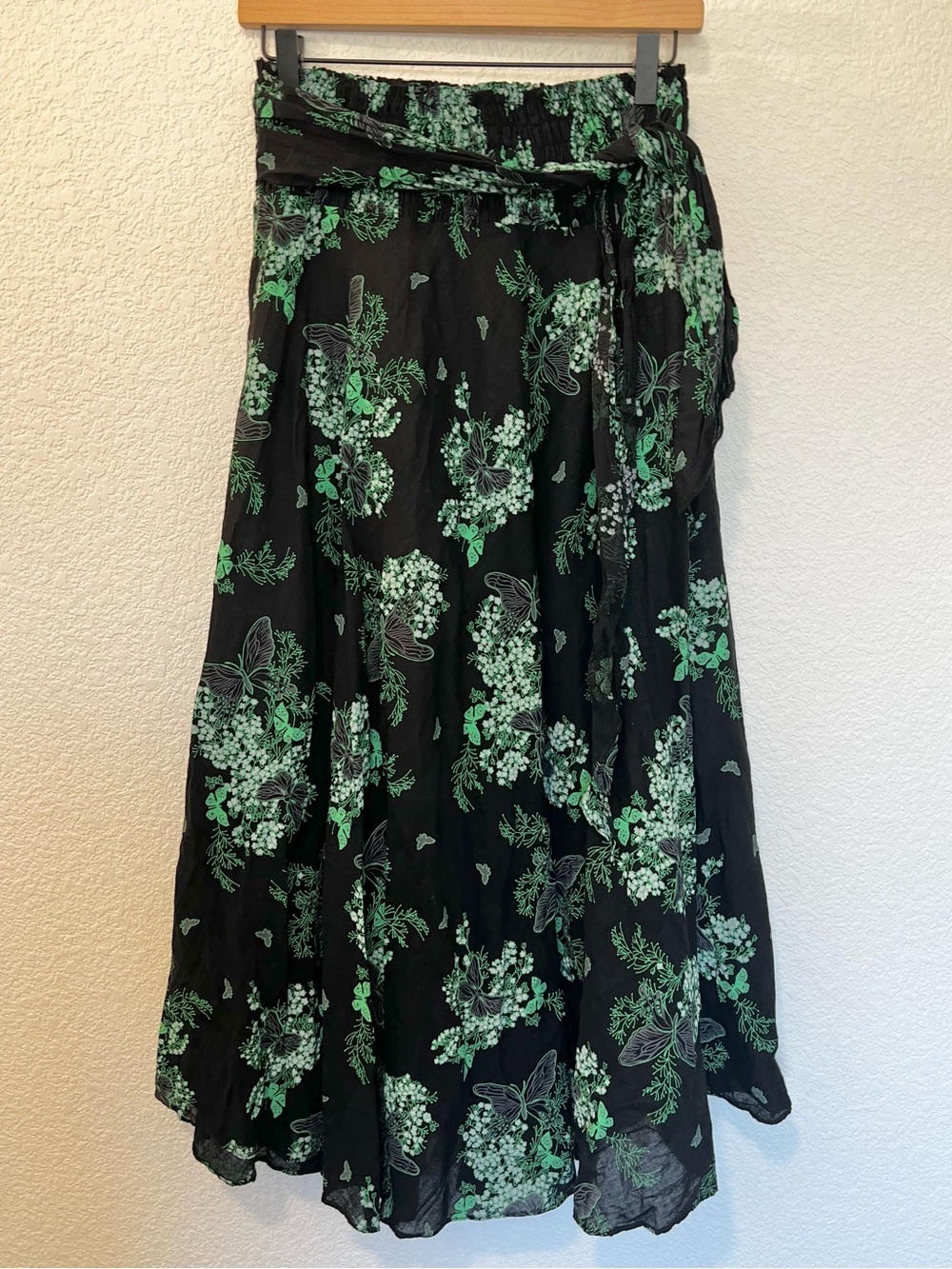 Whimsey Goth Black Green Butterfly Flowy Maxi Skirt- Size Large